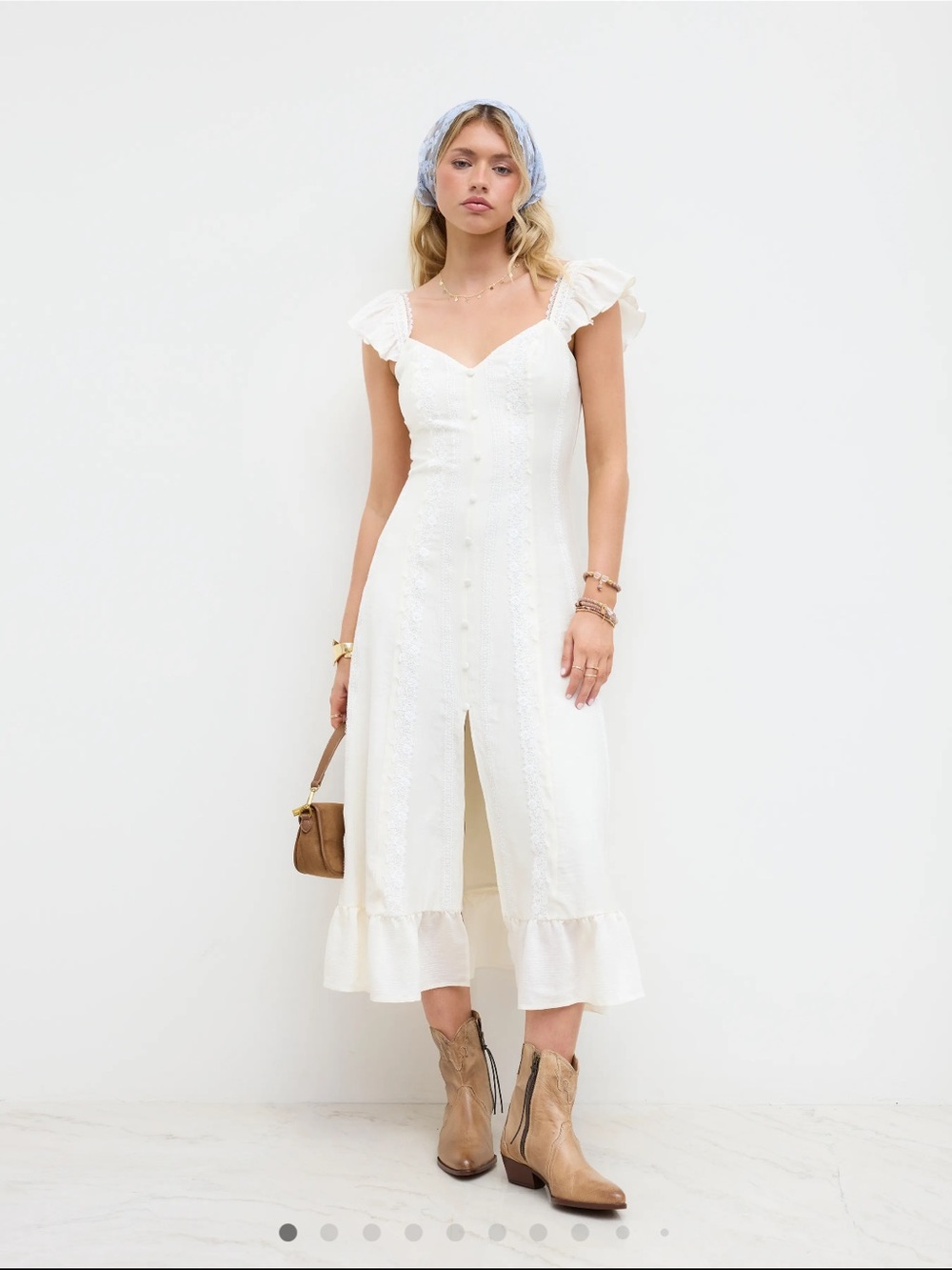 Cider Cream Lace-Trim Midi Dress with Ruffle Straps